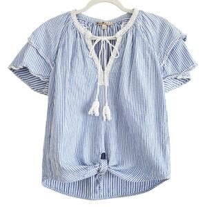 Seven7 Blue & White Cotton Boho Ruffle Short Sleeve Tie Front  Top Size Small